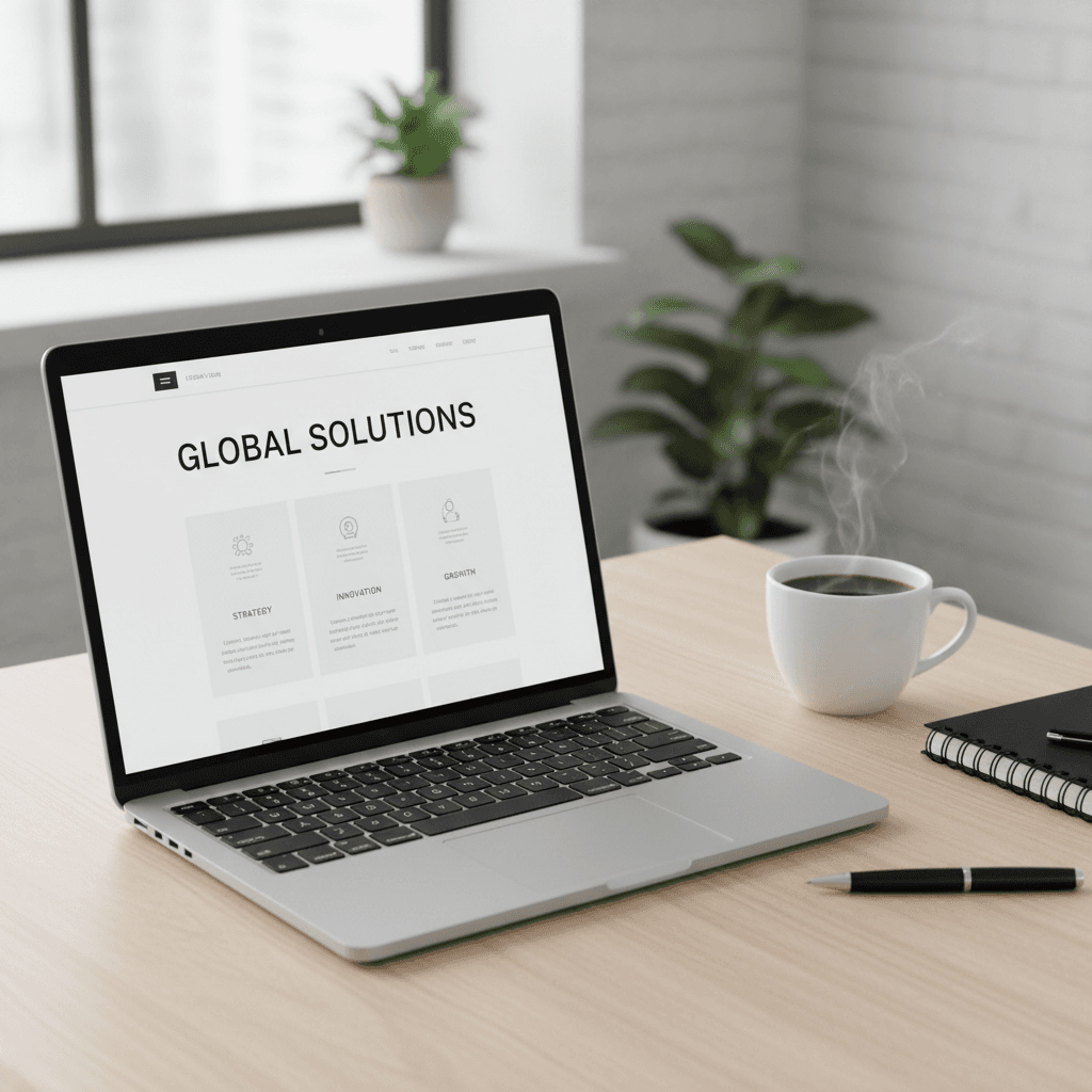 Laptop displaying a professional business website on a clean desk with coffee and notebook