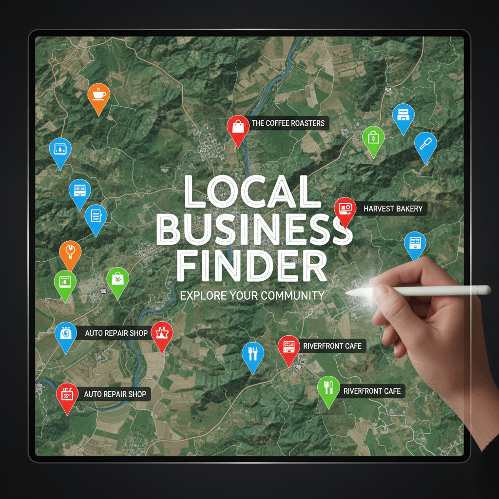Digital display showing map pins marking local business locations in a regional area
