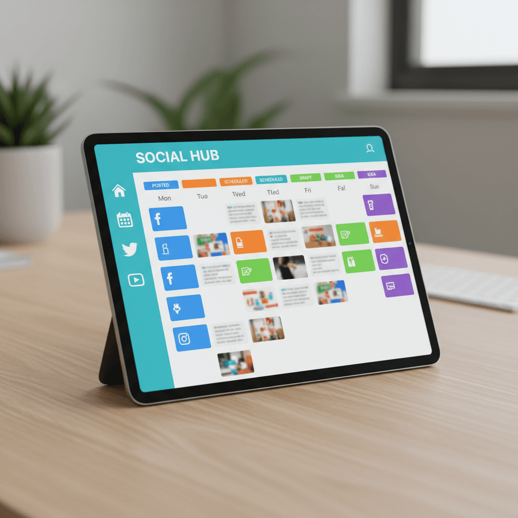 Tablet screen showing a social media management dashboard with a content calendar